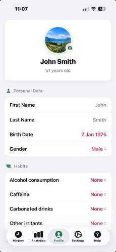 BladderCare profile and beverage habits tracking interface