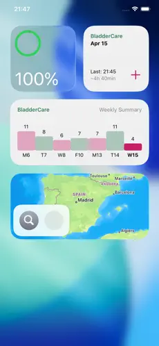 iPhone lock screen widgets and weekly summary in BladderCare