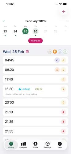 Real BladderCare daily timeline log screenshot