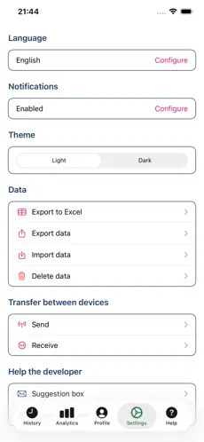 Export to Excel and device data settings screenshot in BladderCare